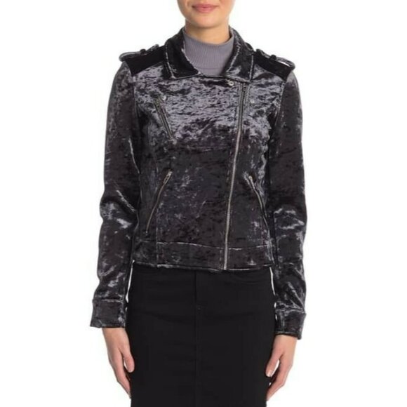 ⭐BLANKNYC NYC Size S Women's Shinny velvet PARTY Moto Jacket Grey side zip New - Picture 3 of 7